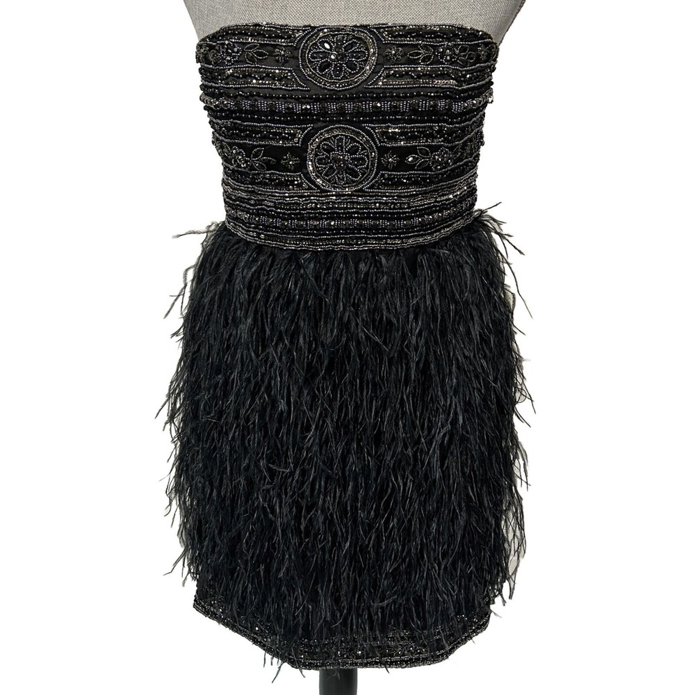 Sue Wong Nocturne Strapless Black Beaded Ostrich Feather Cocktail Dress Size 8